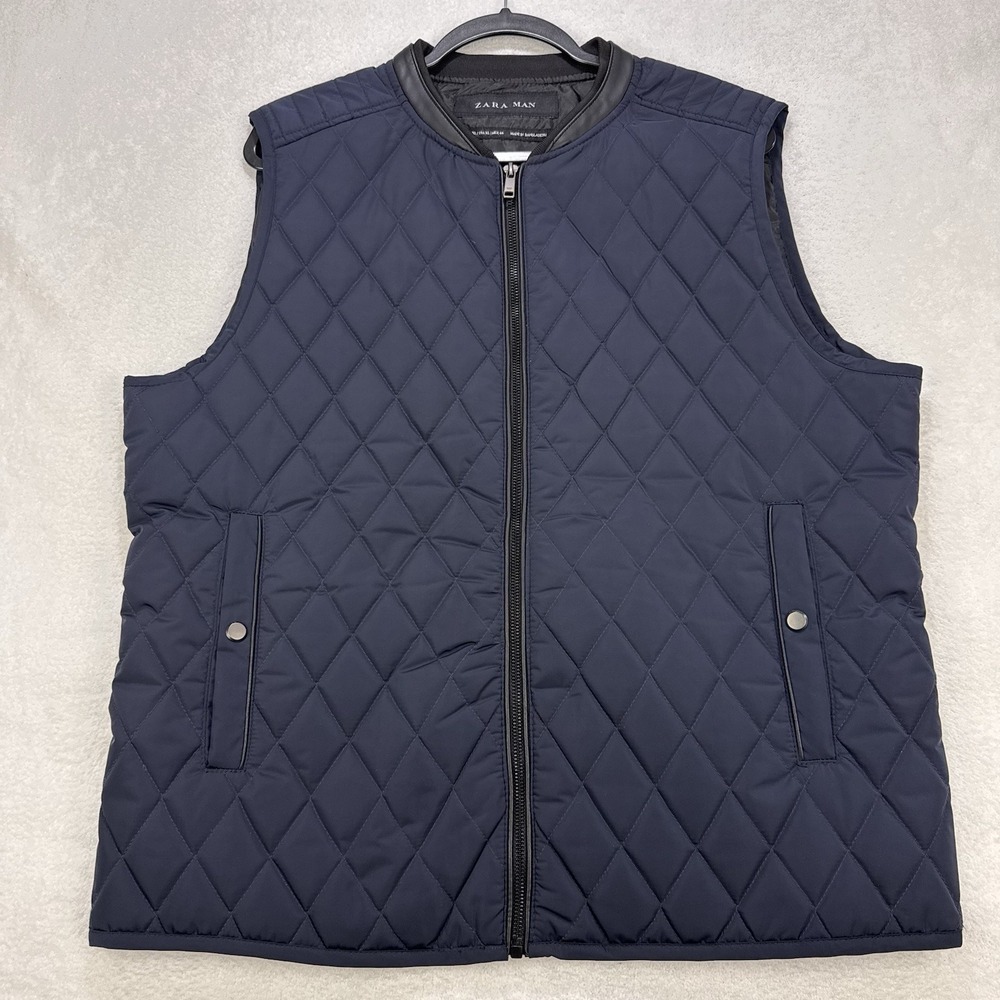 Zara Men Diamond Quilted Vest Jacket Men XL Navy Full Zip Nylon Preppy